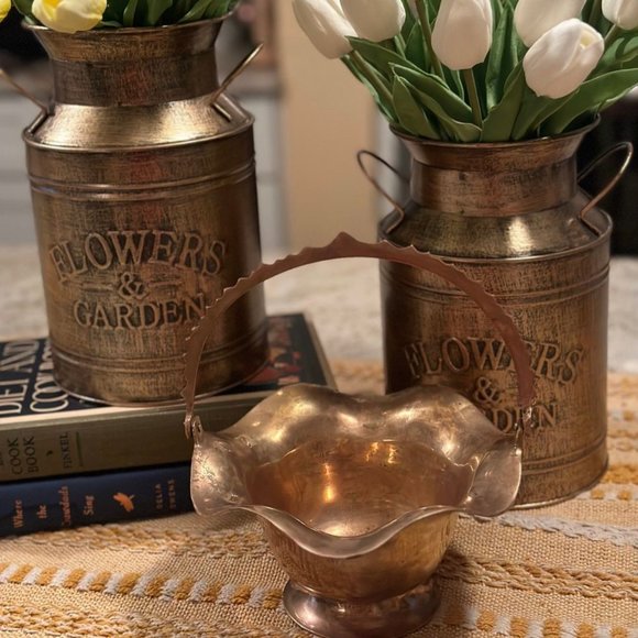 Adorable Brass Look Footed Basket w/Handle - Picture 10 of 11